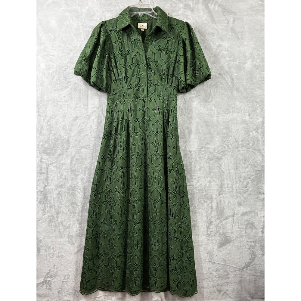 Tuckernuck Green Eyelet Puff Sleeve Midi Dress B2041 Small Forest Green Collared